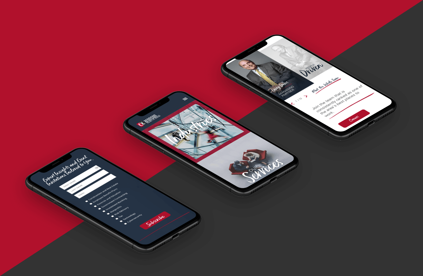 Aronson's different pages laid out on three iPhones