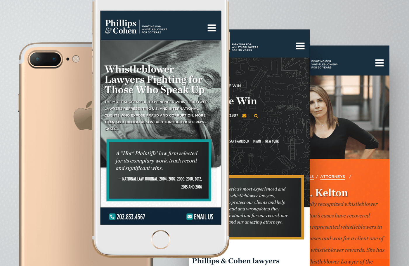 Showing various pages of the Phillips & Cohen website on mobile