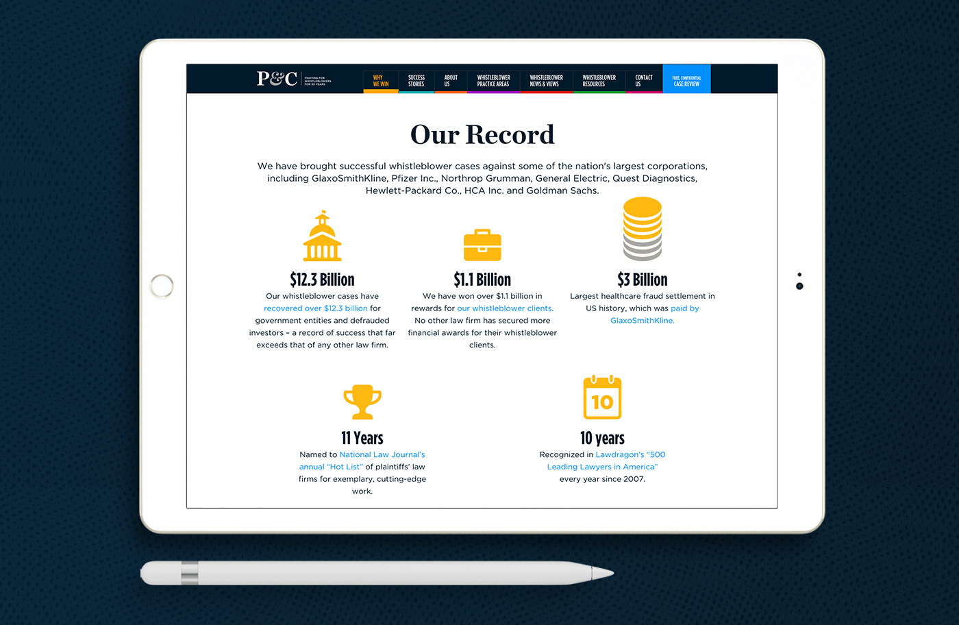 Phillips & Cohen's Our Record page on iPad showing statistics about their success