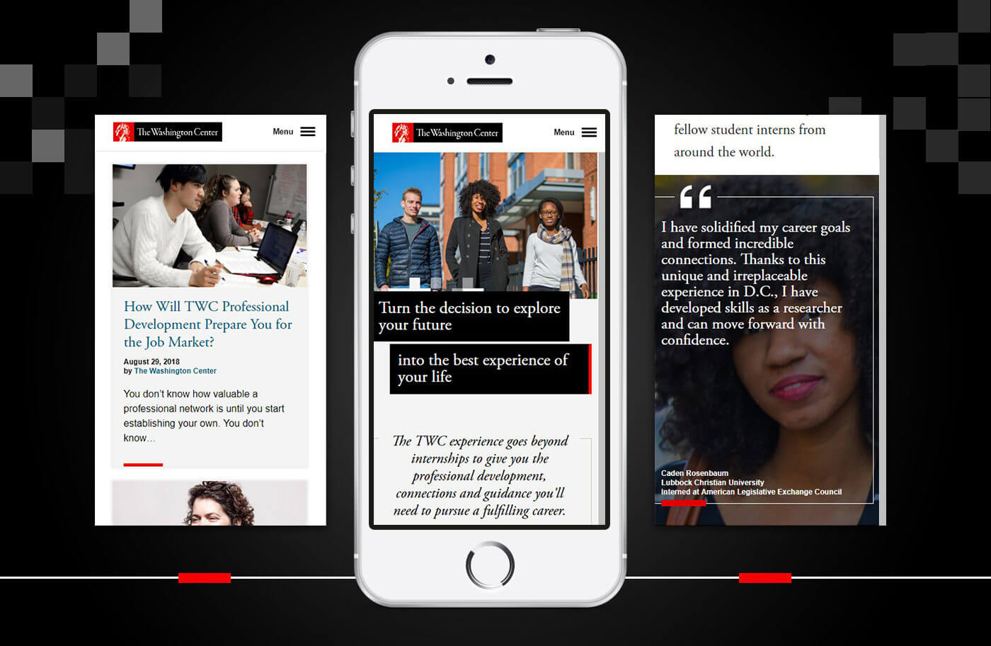 The Washington Center mobile website showing different articles