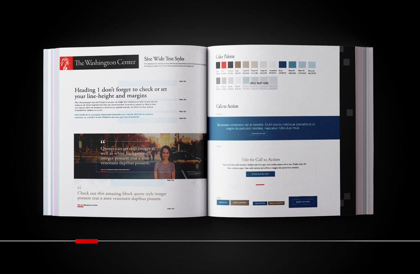 The Washington Center UI kit showing text styles, color palettes and calls to action