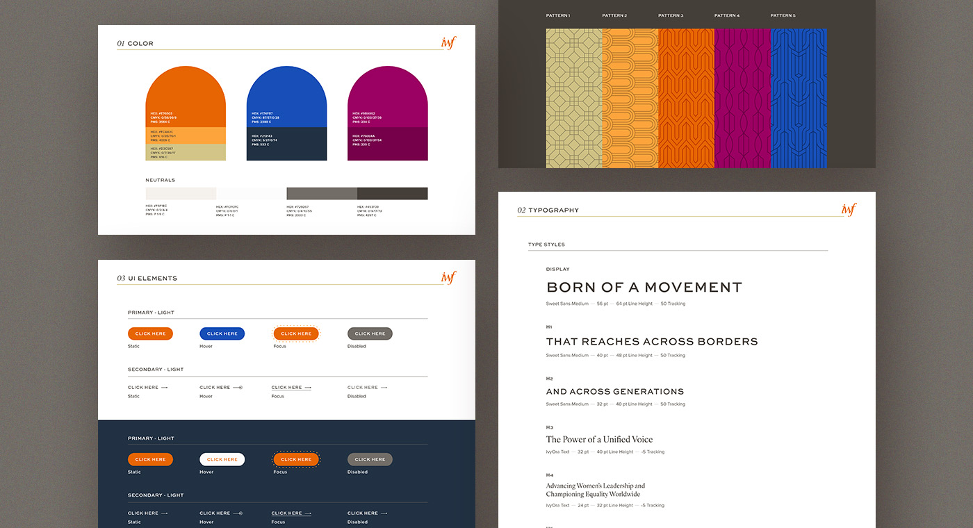 A set of screens showing different pages of the website style guide, including a color palette, button styles, patterns, and fonts