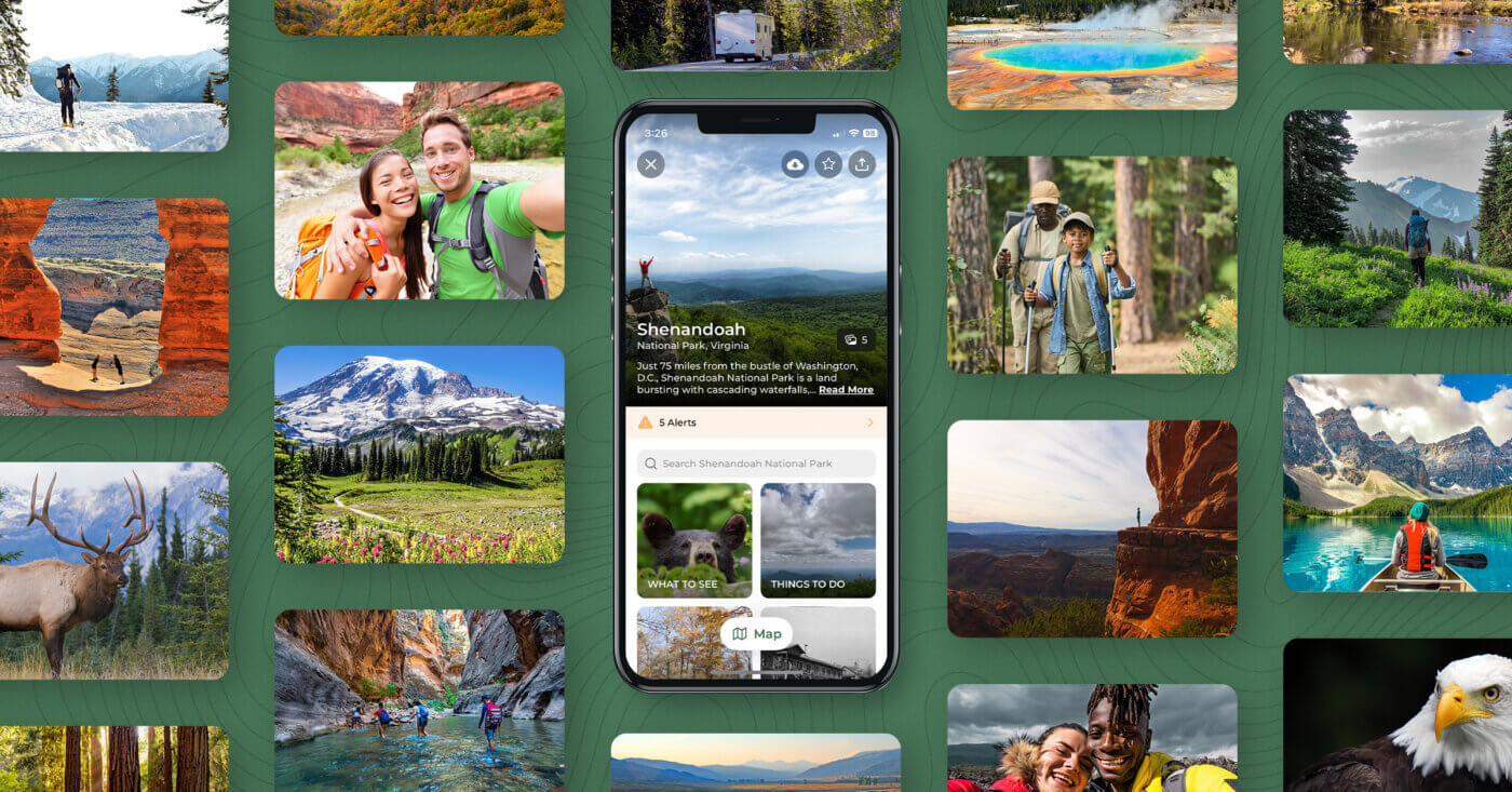 A phone screen showing the NPS app page about Shenandoah park surrounded by images of hikers, national park landscapes, and wildlife.
